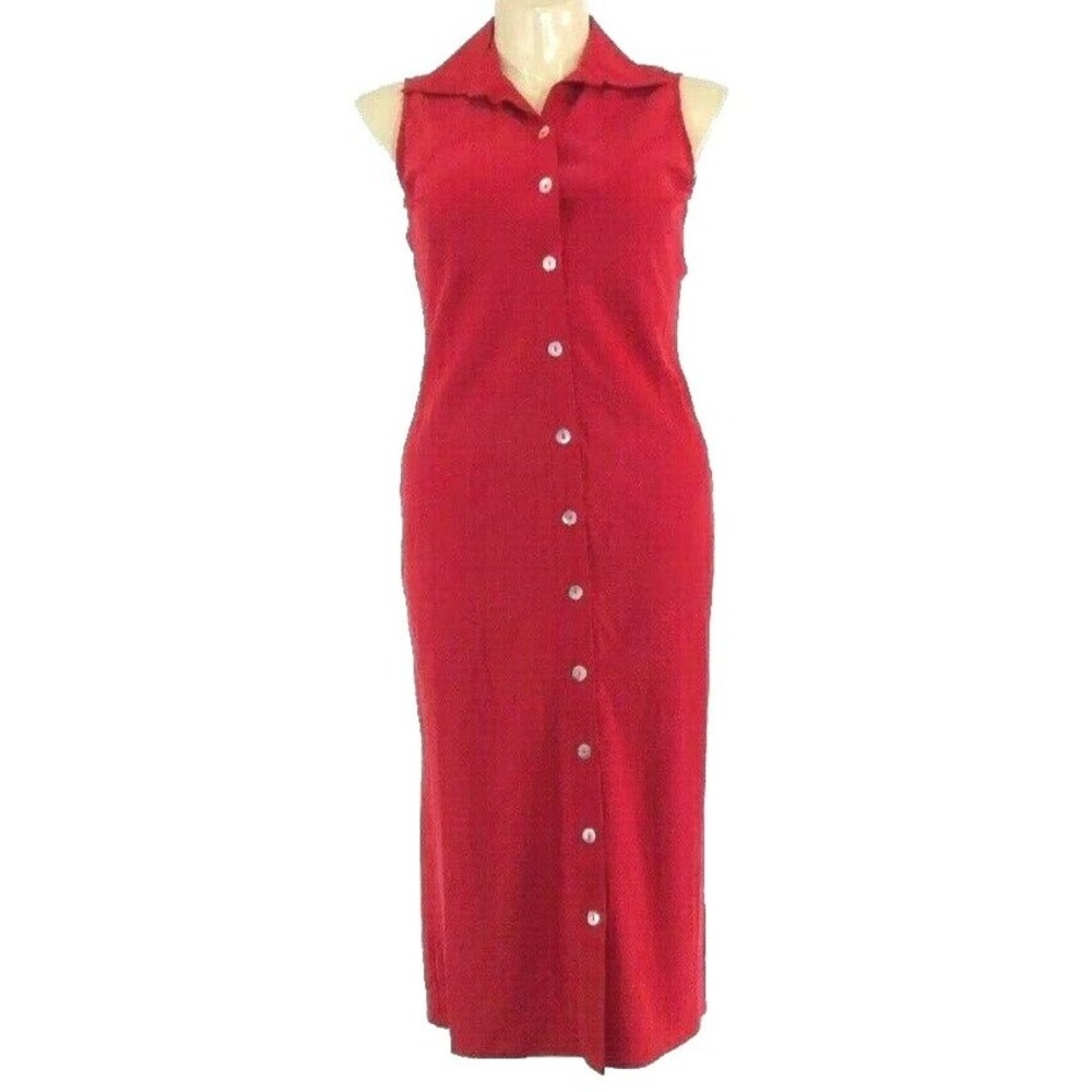 Coldwater Creek Dress 10 Red Long Sheath Button Front Embroider Midi Collar NICE